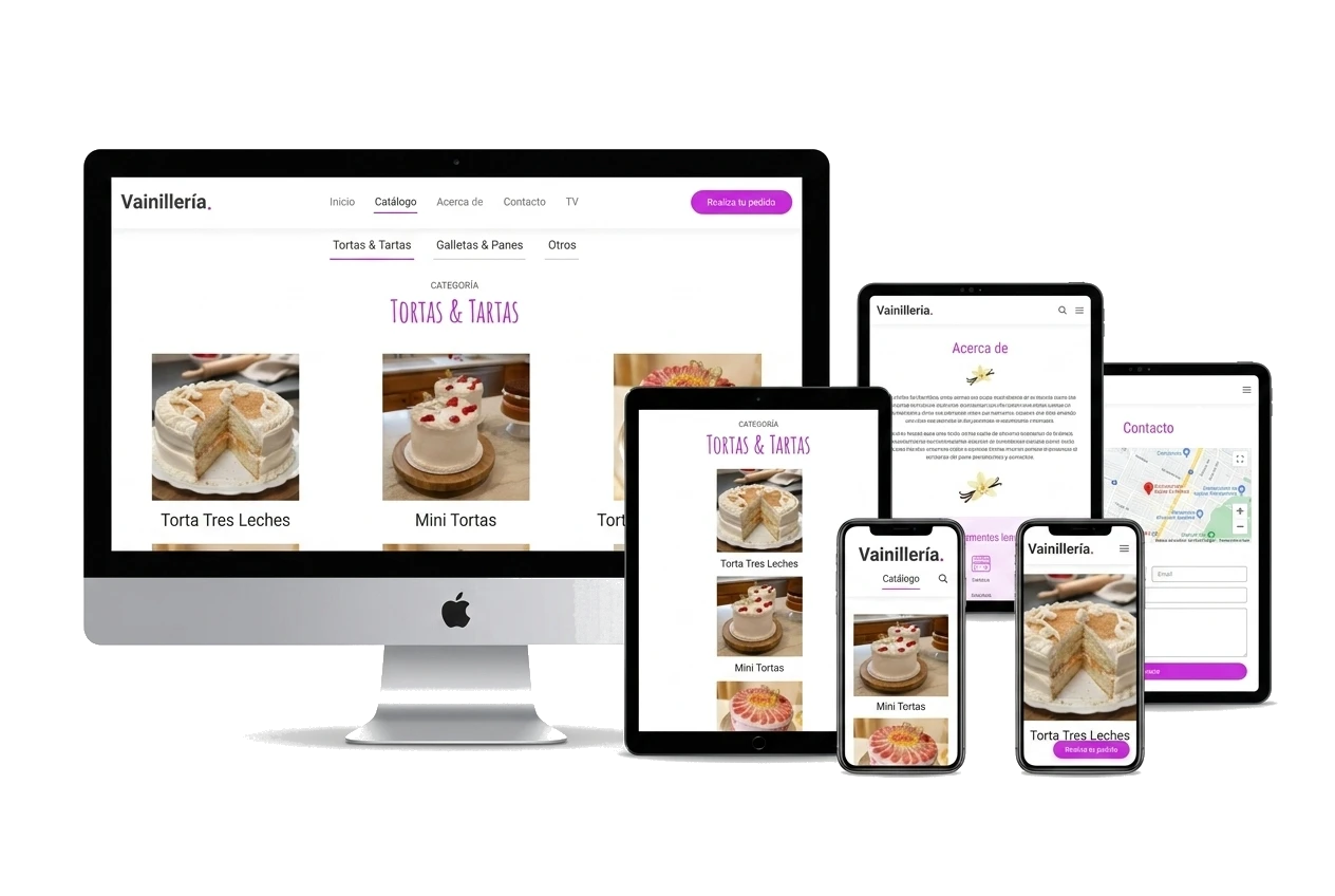 Catálogo digital de repostería exhibiendo variedad de postres, tartas y dulces con un diseño web elegante, organizado y apetitoso para pastelerías